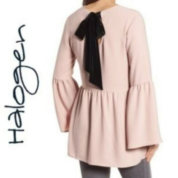 Halogen Bow Back Flare Sleeve Blouse Mauve & Black Size XS - Picture 2 of 9